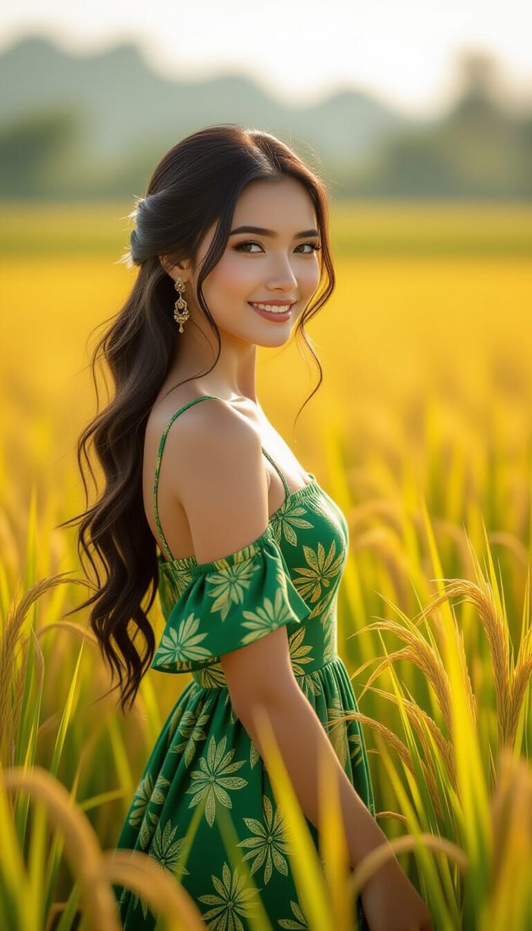 Filipina in Sun-Drenched Rice Paddy, Golden Hour Glow