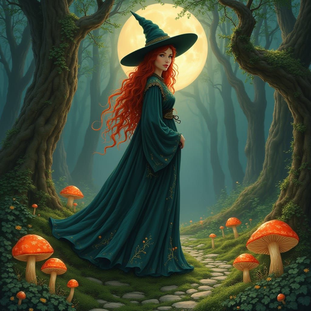 Red-Haired Witch in Moonlit Forest, Art Nouveau Style