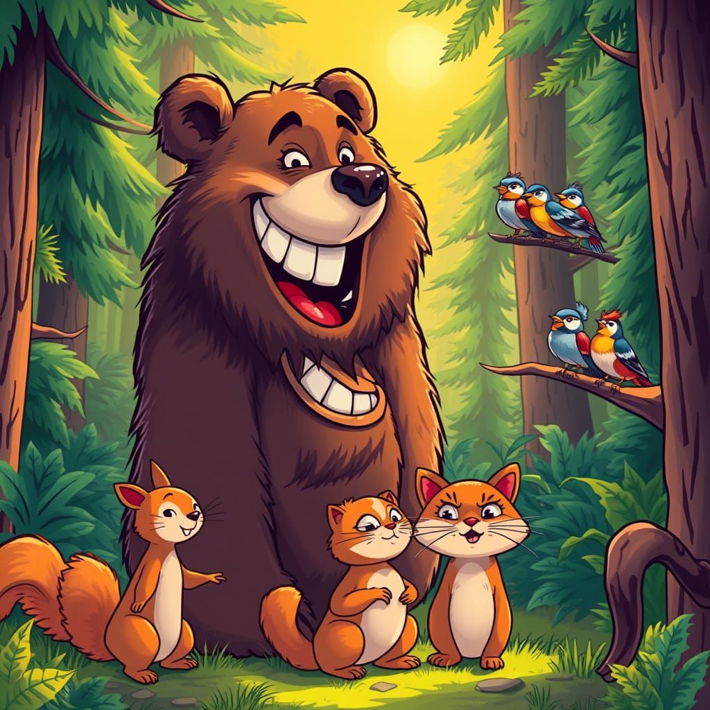 Playful Forest Scene in Whimsical Comic Book Style