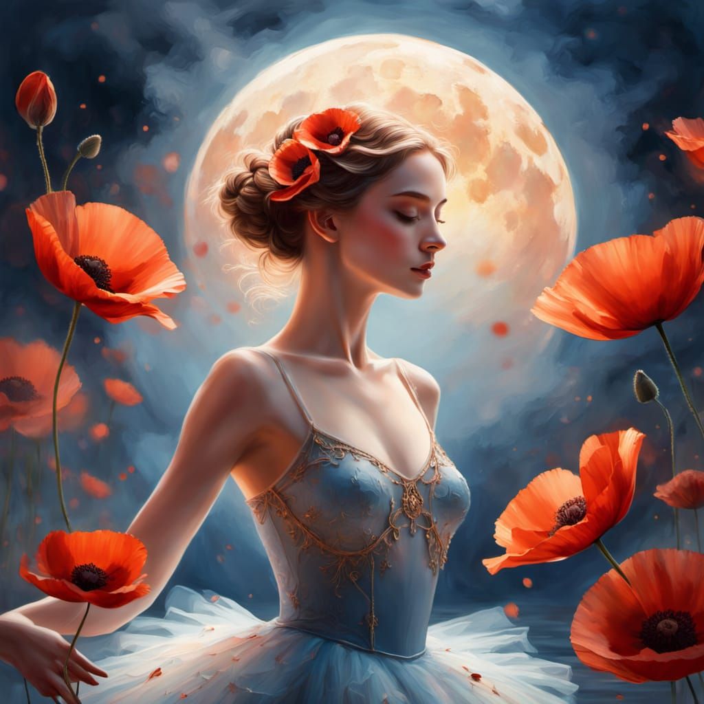 Poppy Petal Ballerina Dances on Mirror Lake Under Moon