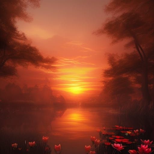 High Gothic Lotus Pond at Sunset: 8K Art