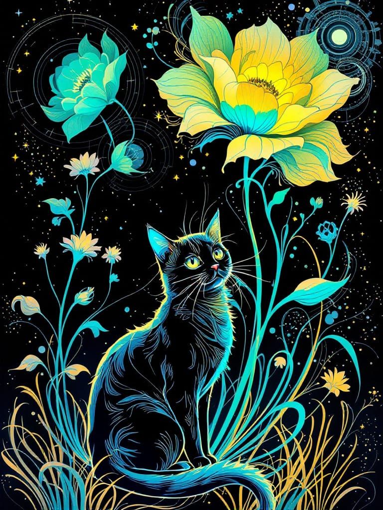 Art Nouveau Cat Amidst Bioluminescent Blooms
