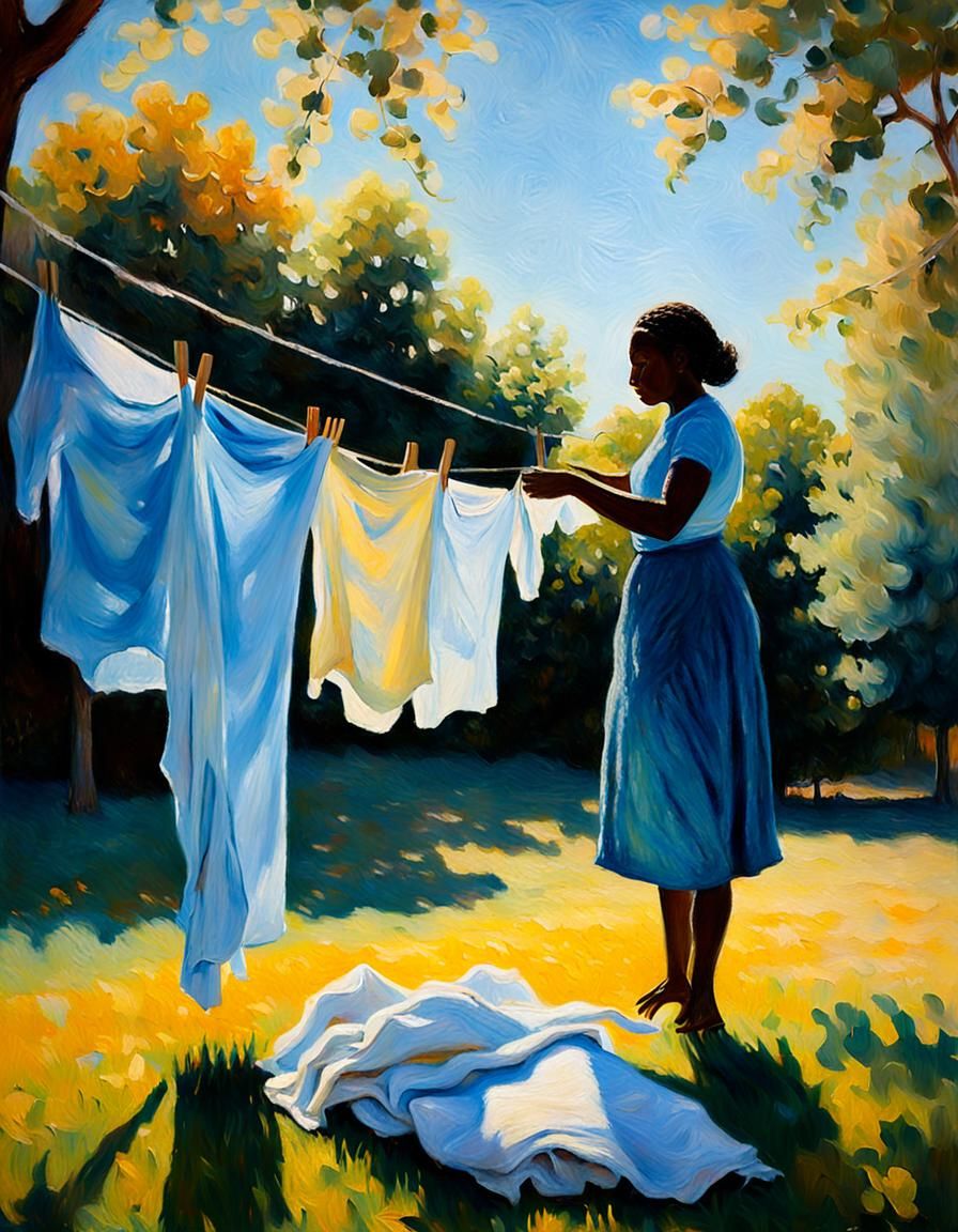 Impressionist Painting: Black Woman Hanging Laundry