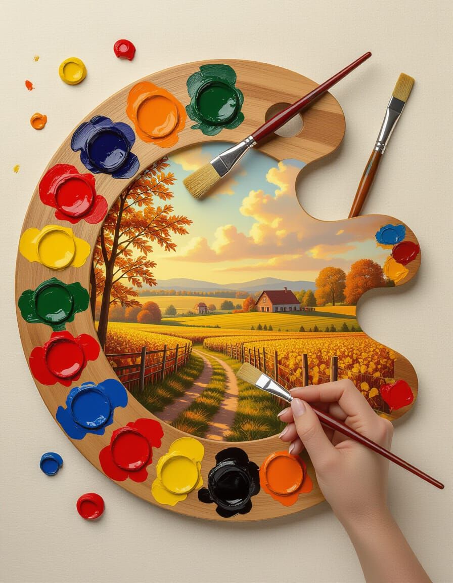 Autumn Country Scene Double Exposure with Painter's Palette