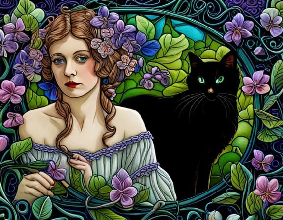 Art Nouveau Garden with Violets and Apples