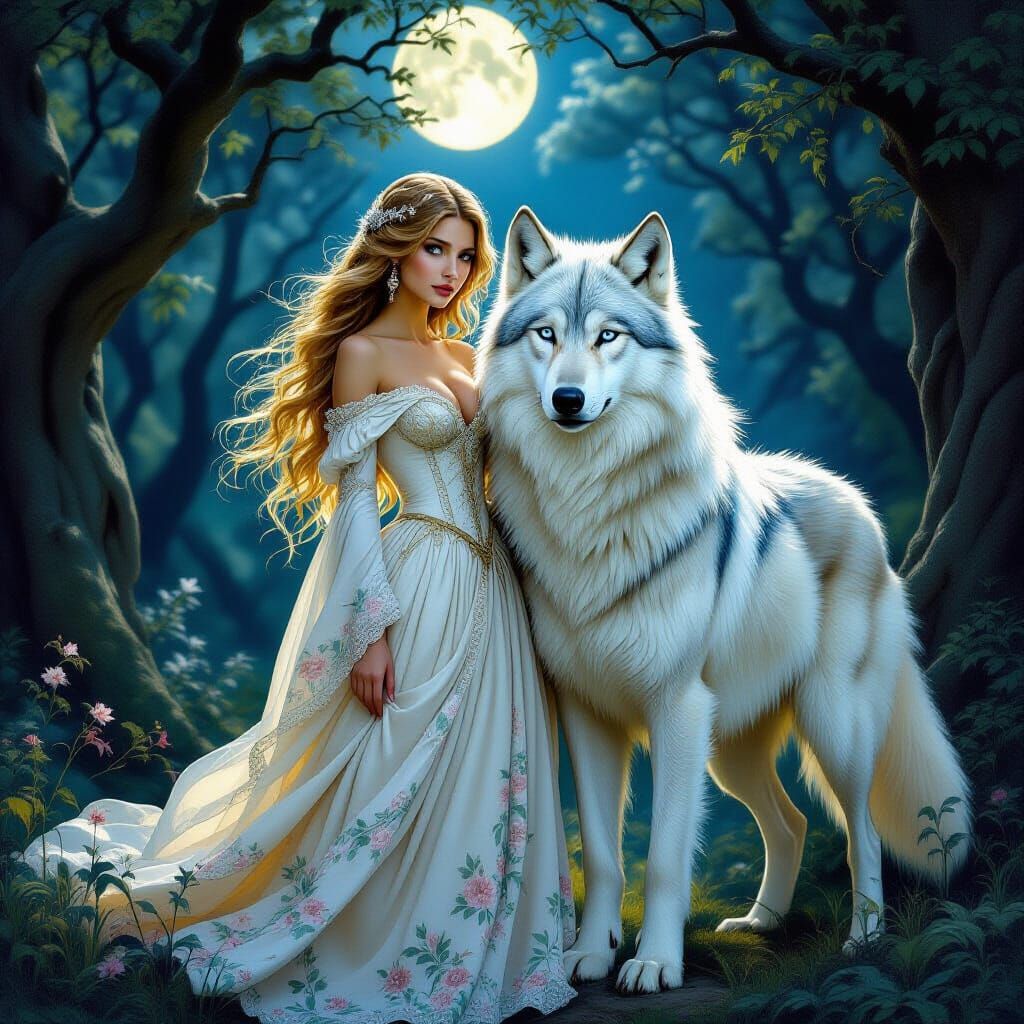 Woman and Wolf in Moonlit Forest, Romantic Illustration