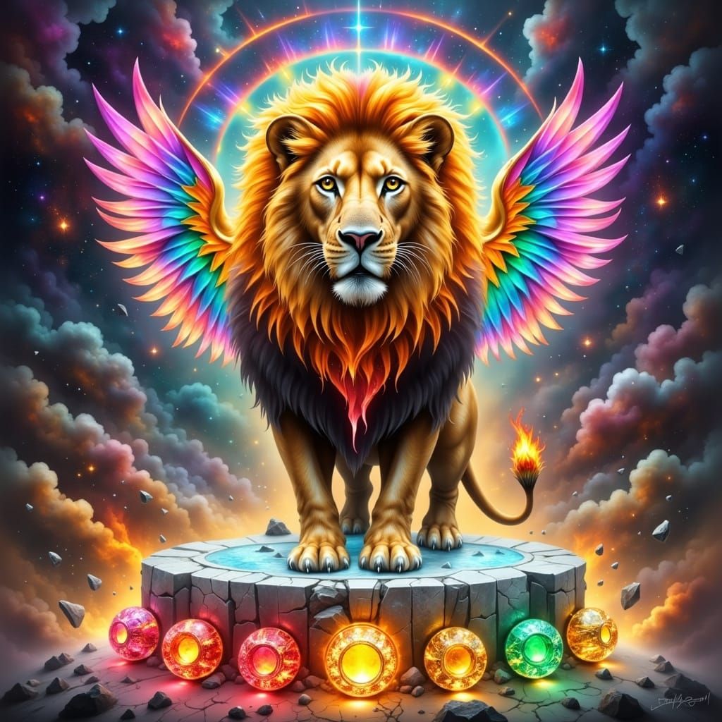 Rainbow Lion with Crystal Wheels in Hyperreal Style