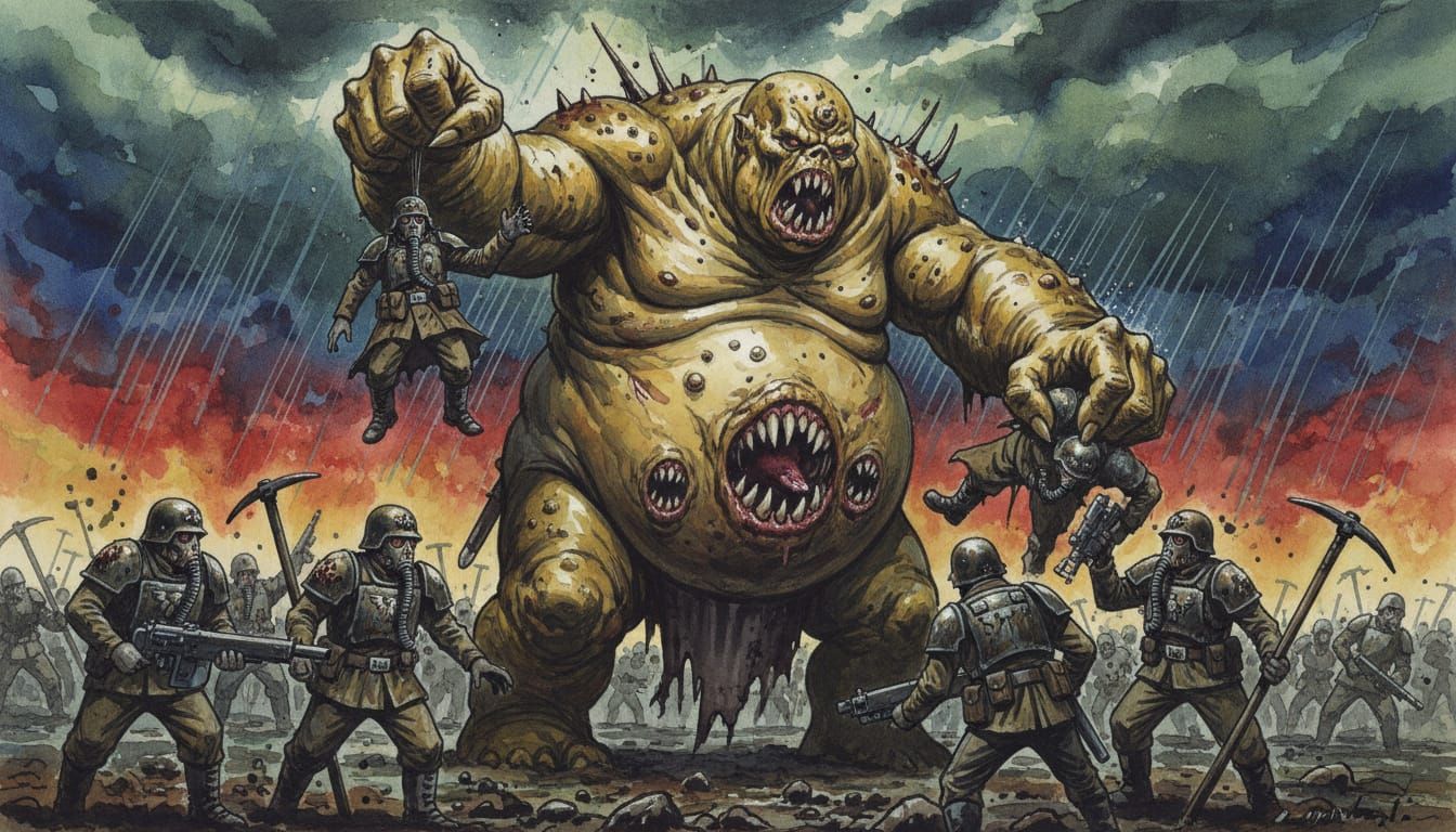 Great Unclean One Attacks Death Korps Soldiers in Watercolor...