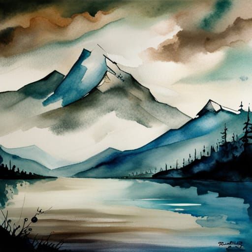 Watercolor Mountain Landscape with Crystal Lake
