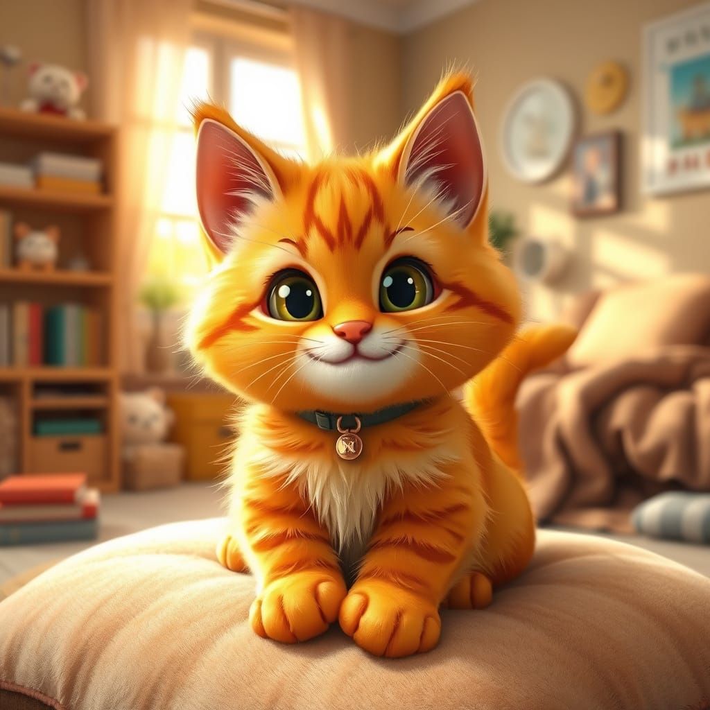 Whimsical Cartoon Orange Cat in Cozy Indoor Scene