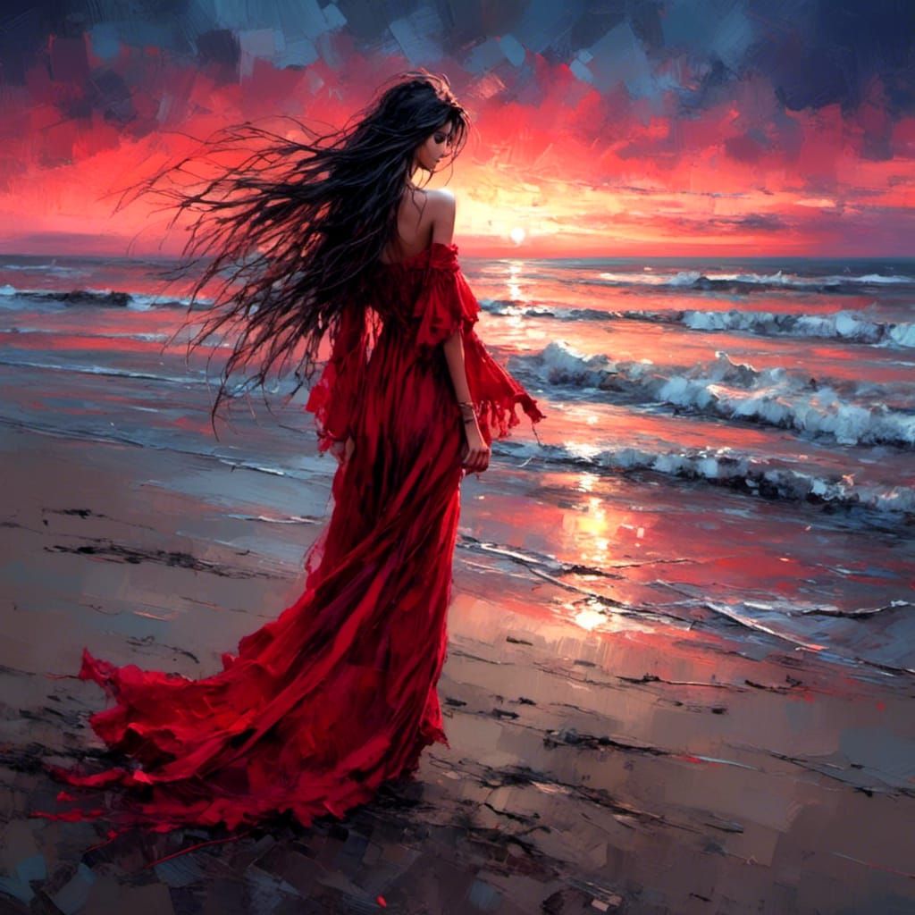 Boho Woman in Red Dress at Dusk