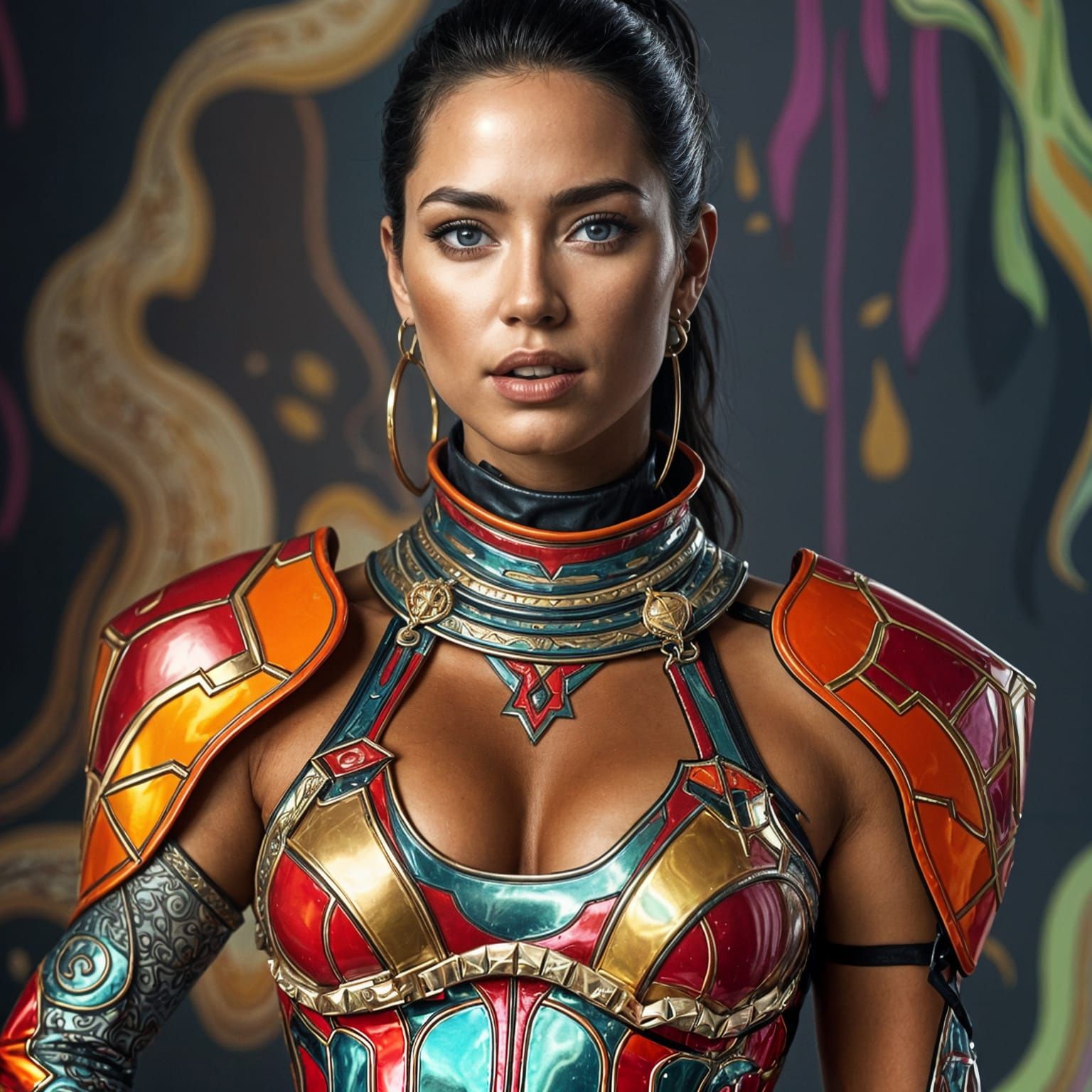 Confident Warrior in Shimmering Latex Armor