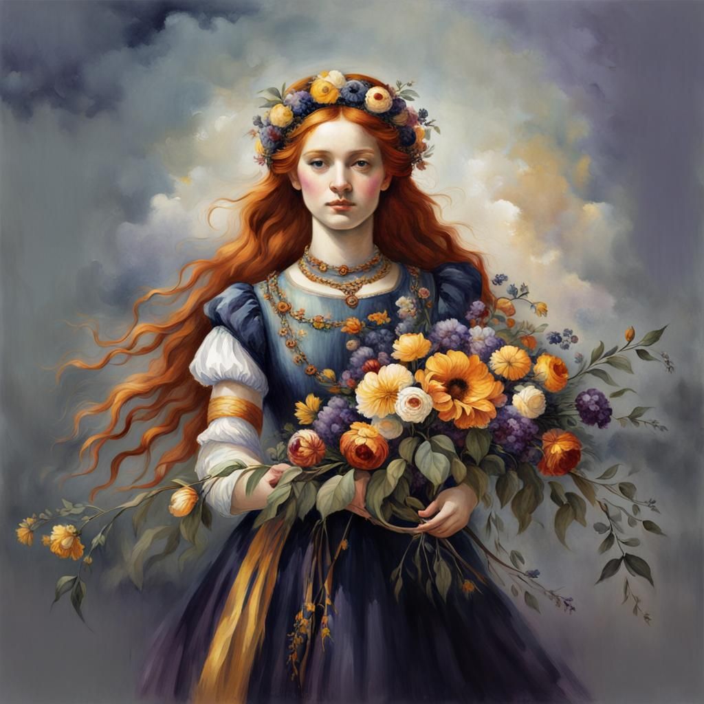 Ginger-Haired Girl with Flower Crown in Watercolor Style