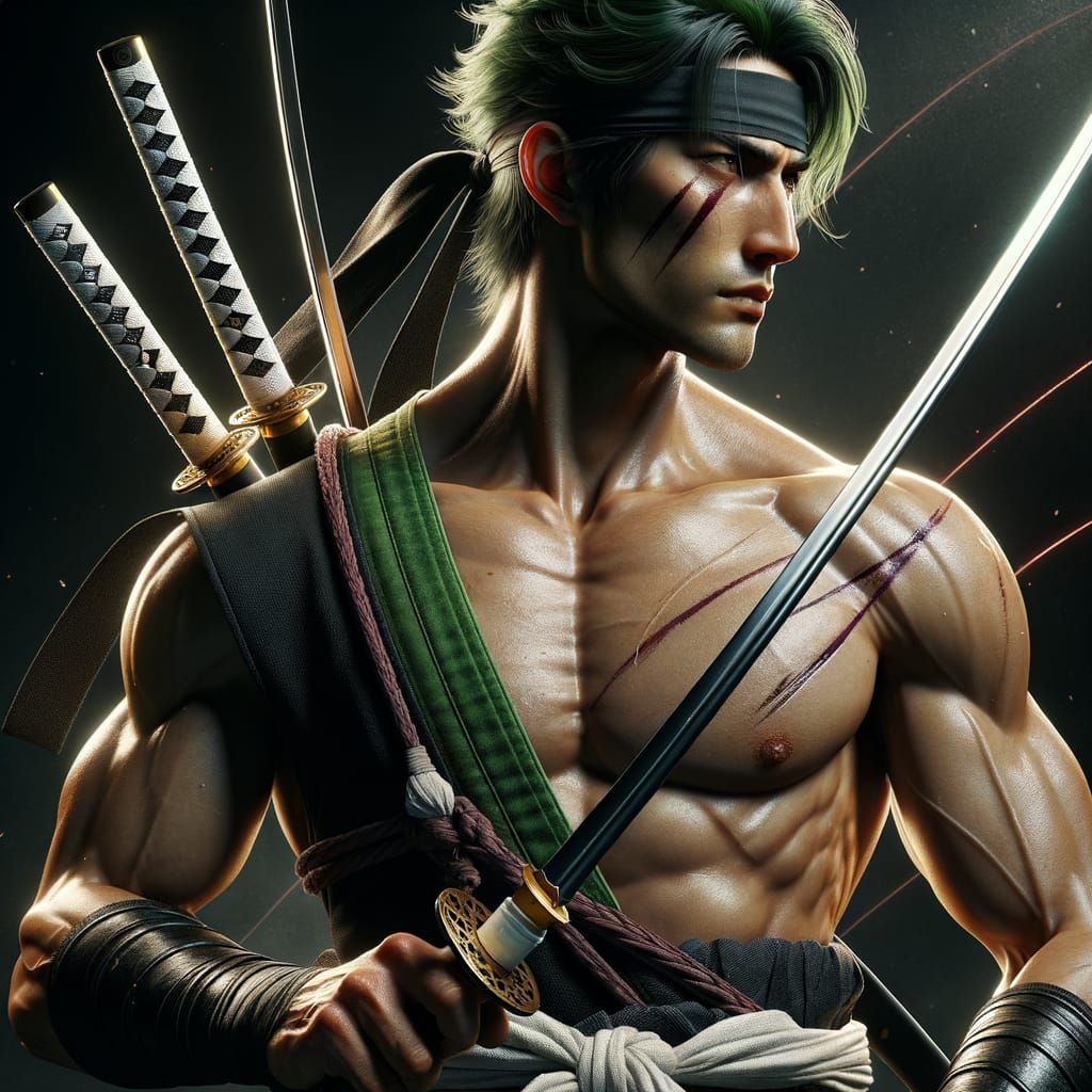 Cinematic Portrait of a Green-Haired Swordsman with Katanas