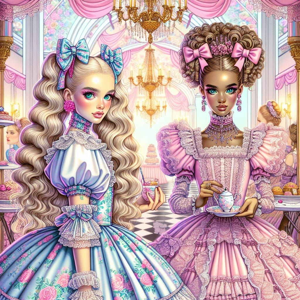 Elaborate Tea Party with Women in Frilly Dresses
