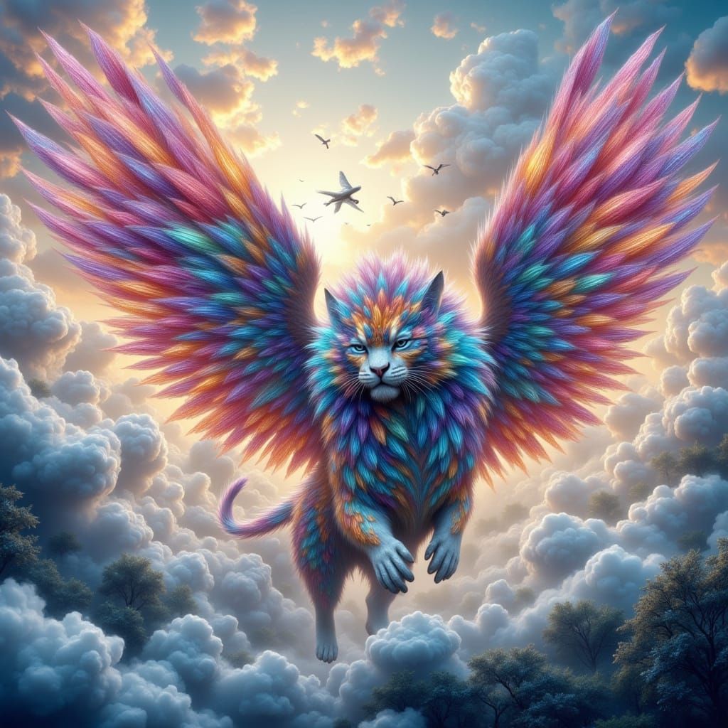 Winged Tiger in Flight: Impasto Painting