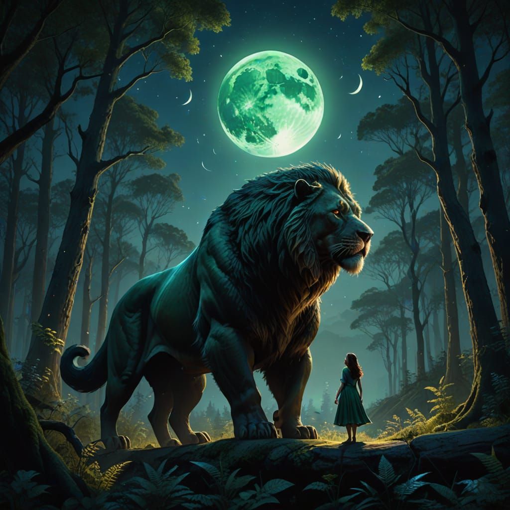 Majestic Beast and Woman in Moonlit Forest Fantasy Art