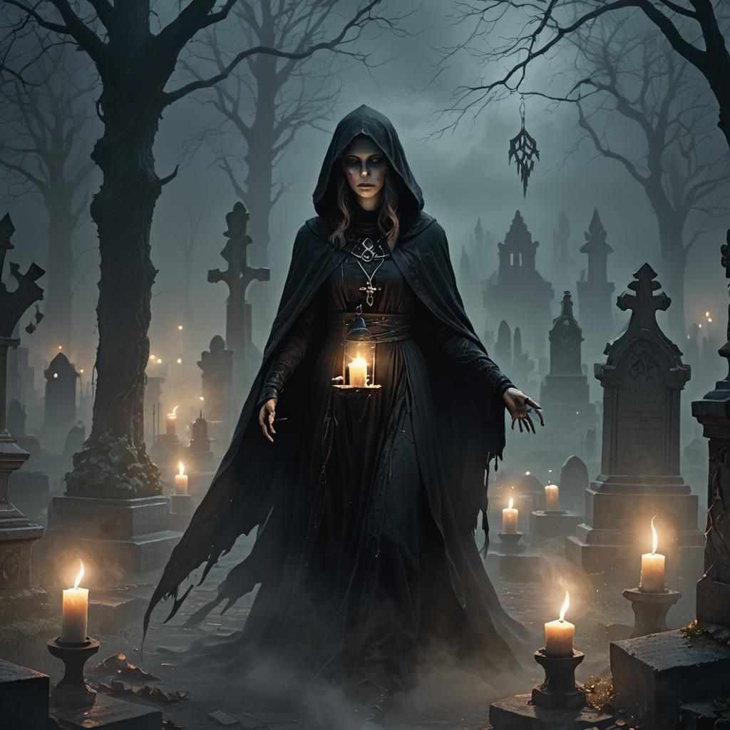 Female Necromancer Summons Ghost in Graveyard