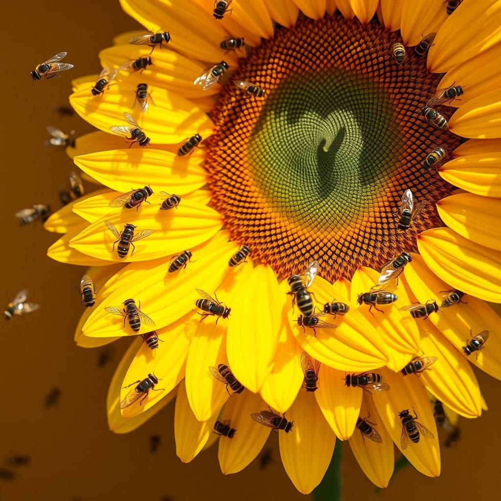 Sunflowers in Vibrant Macro Pop Art Style with Busy Bees and...