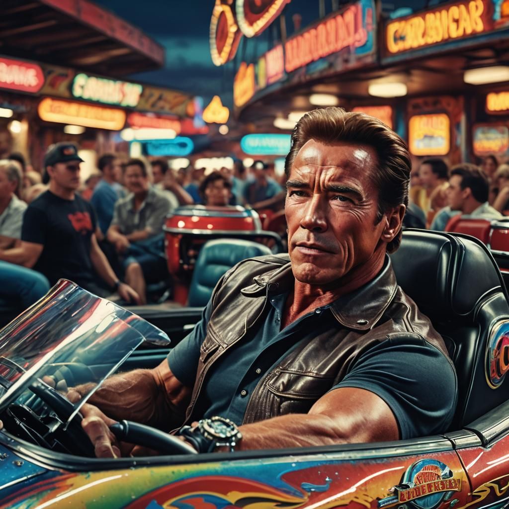 Arnold Schwarzenegger Drives Dodgem Car: Hyperrealistic Port...