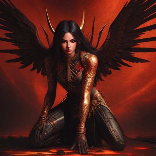 Fallen Angel Kneeling in Wasteland with Crimson Tendrils