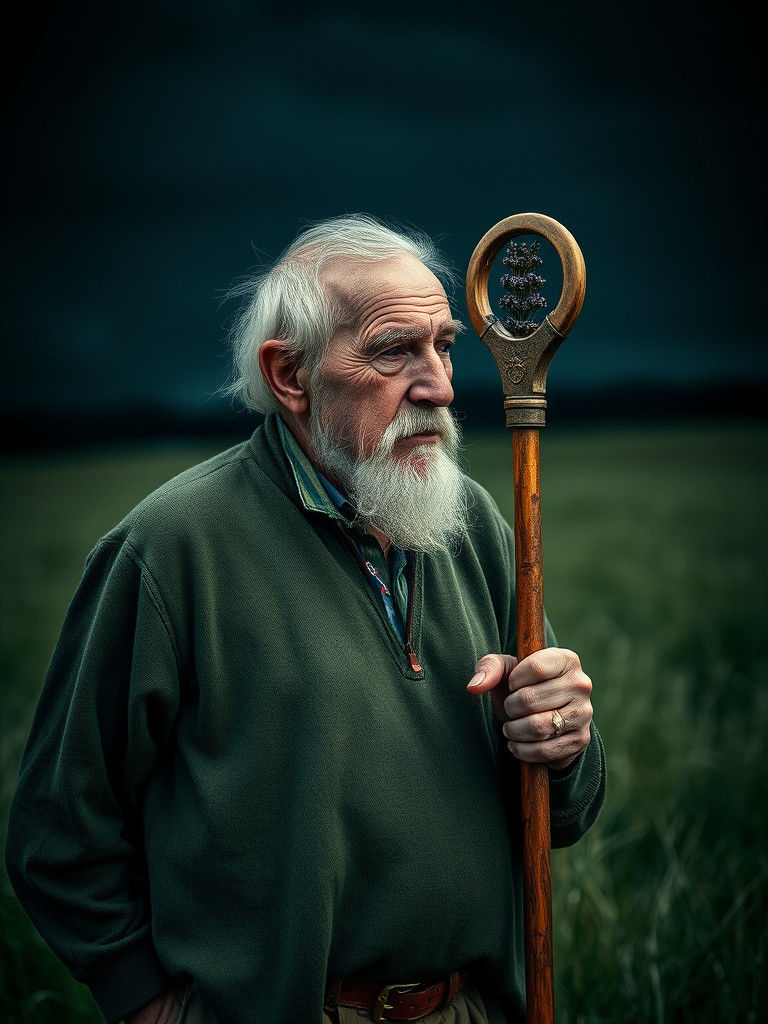 Old Man with Thyme Staff and Grass Fields