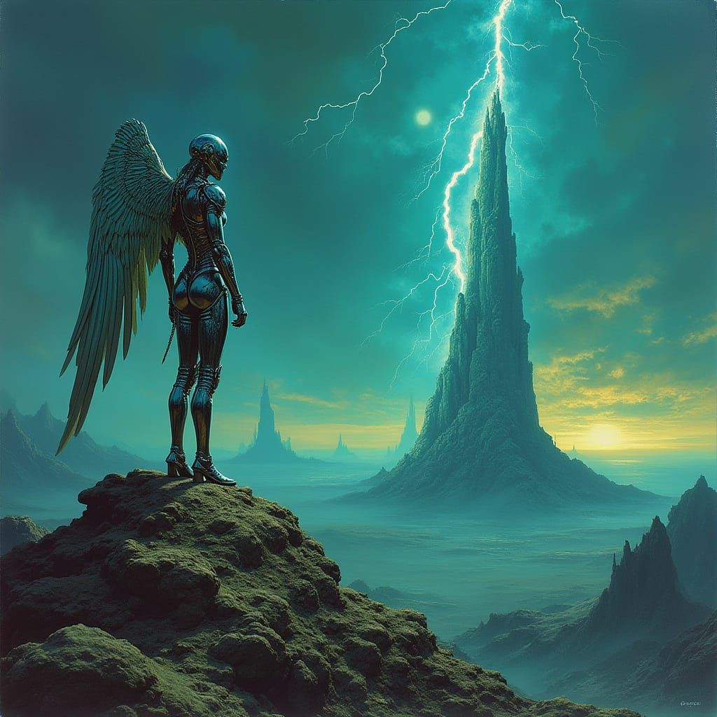 Valkyrie on Alien Peak in Chrome Armor, Amidst Bioluminescen...