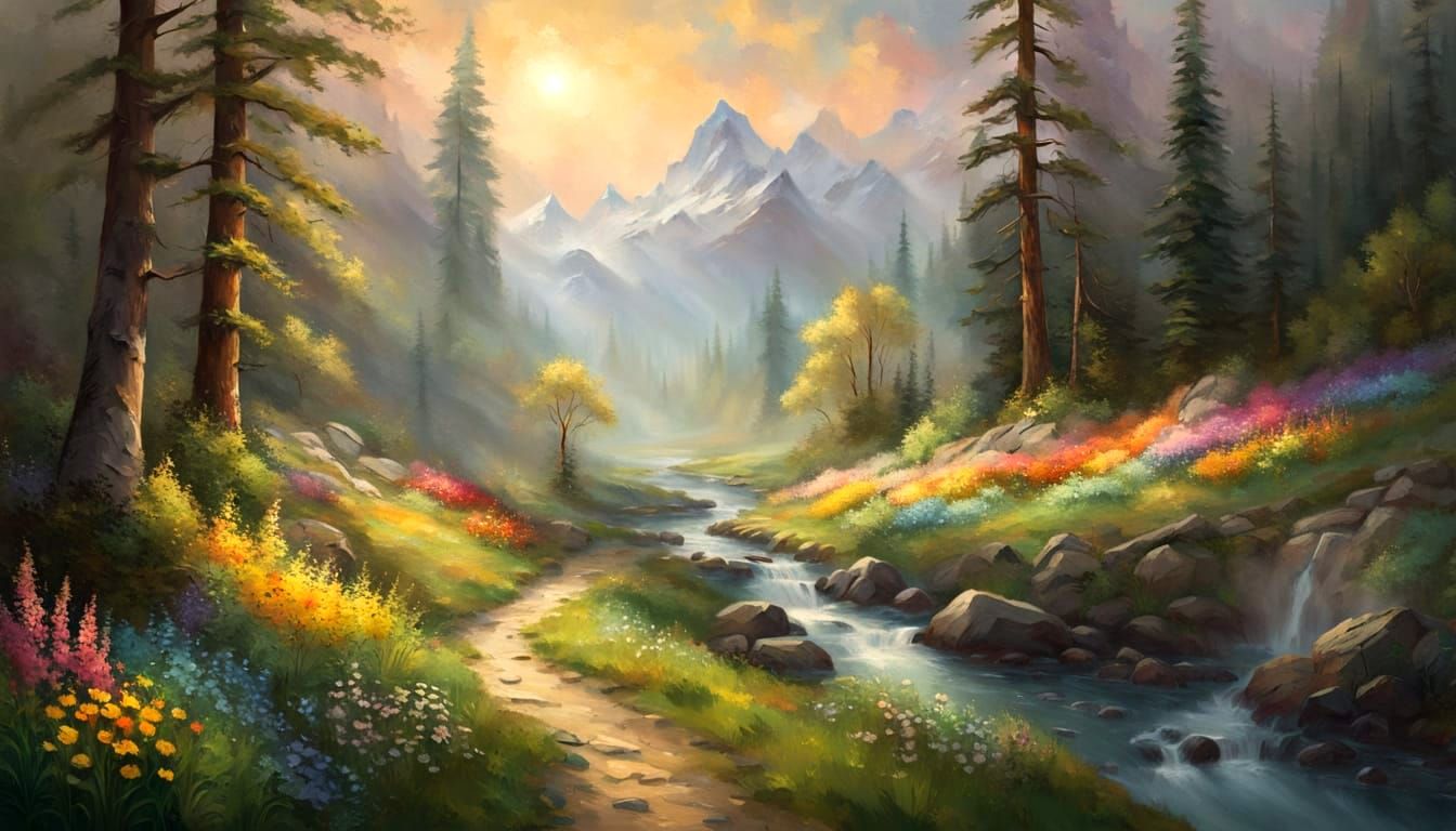 Lone Wolf in Misty Spring Forest Oil Painting