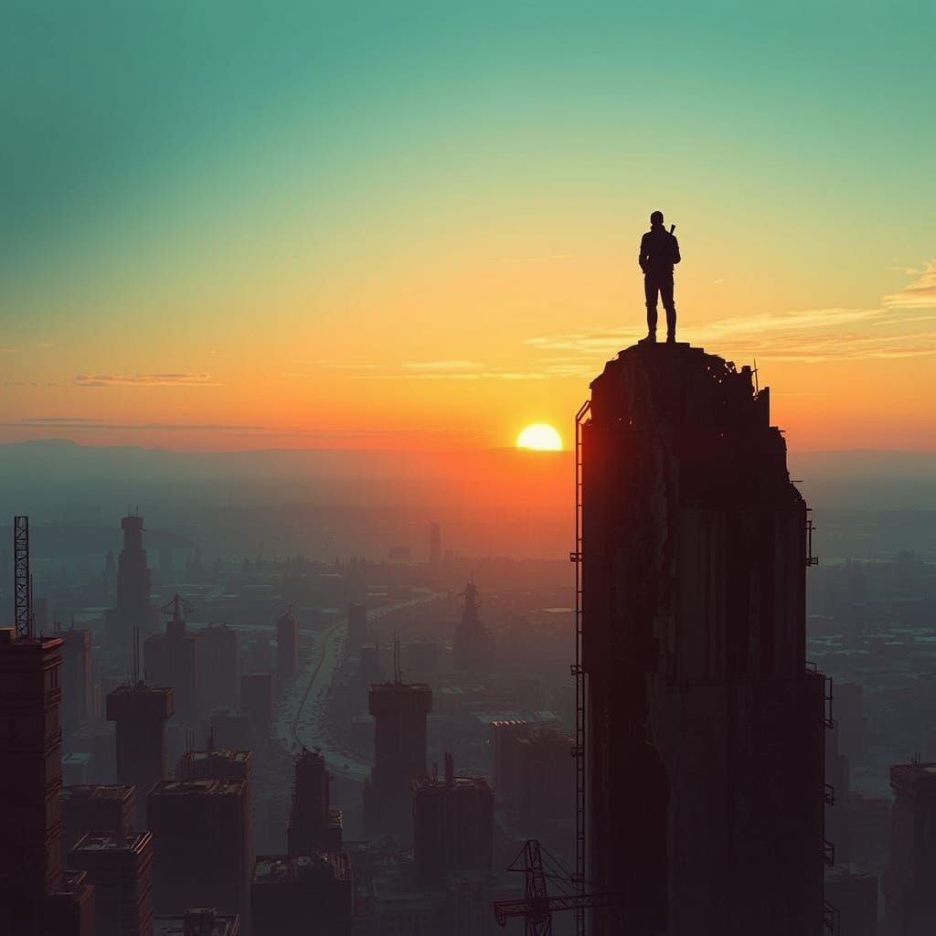 Last Man Standing in a Ruined Cyberpunk Cityscape