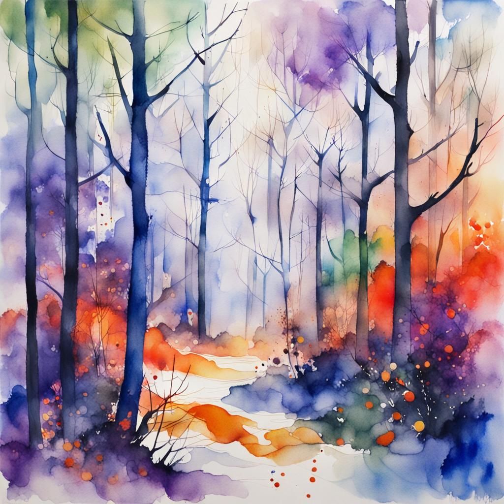 Winter Forest Watercolor Painting in Impressionist Style