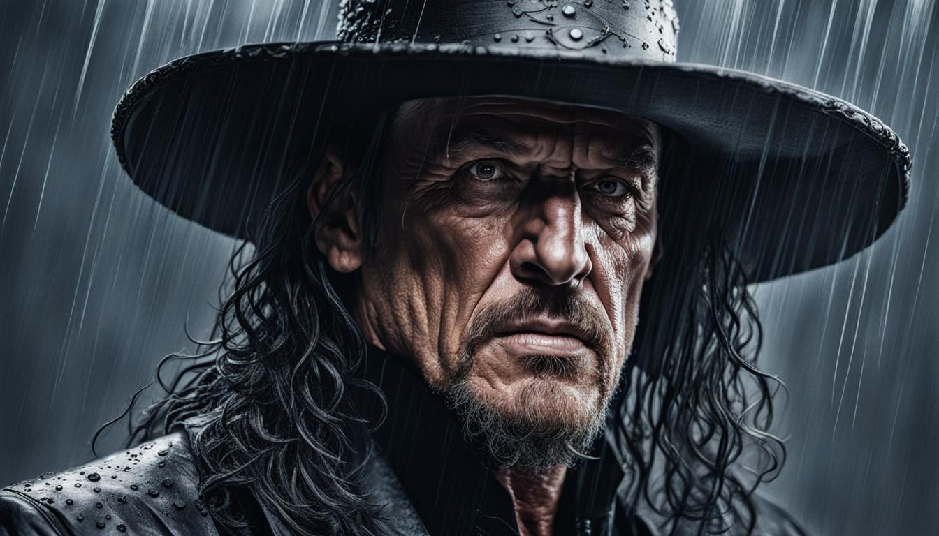 The UnderTaker, wet hair, splashes of raining water with facial hair, wearing big black hat, male model portrait of WWE