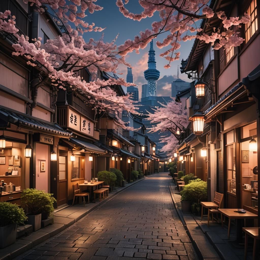 Tokyo Alleyway: Lanterns, Architecture, and Cherry Blossoms