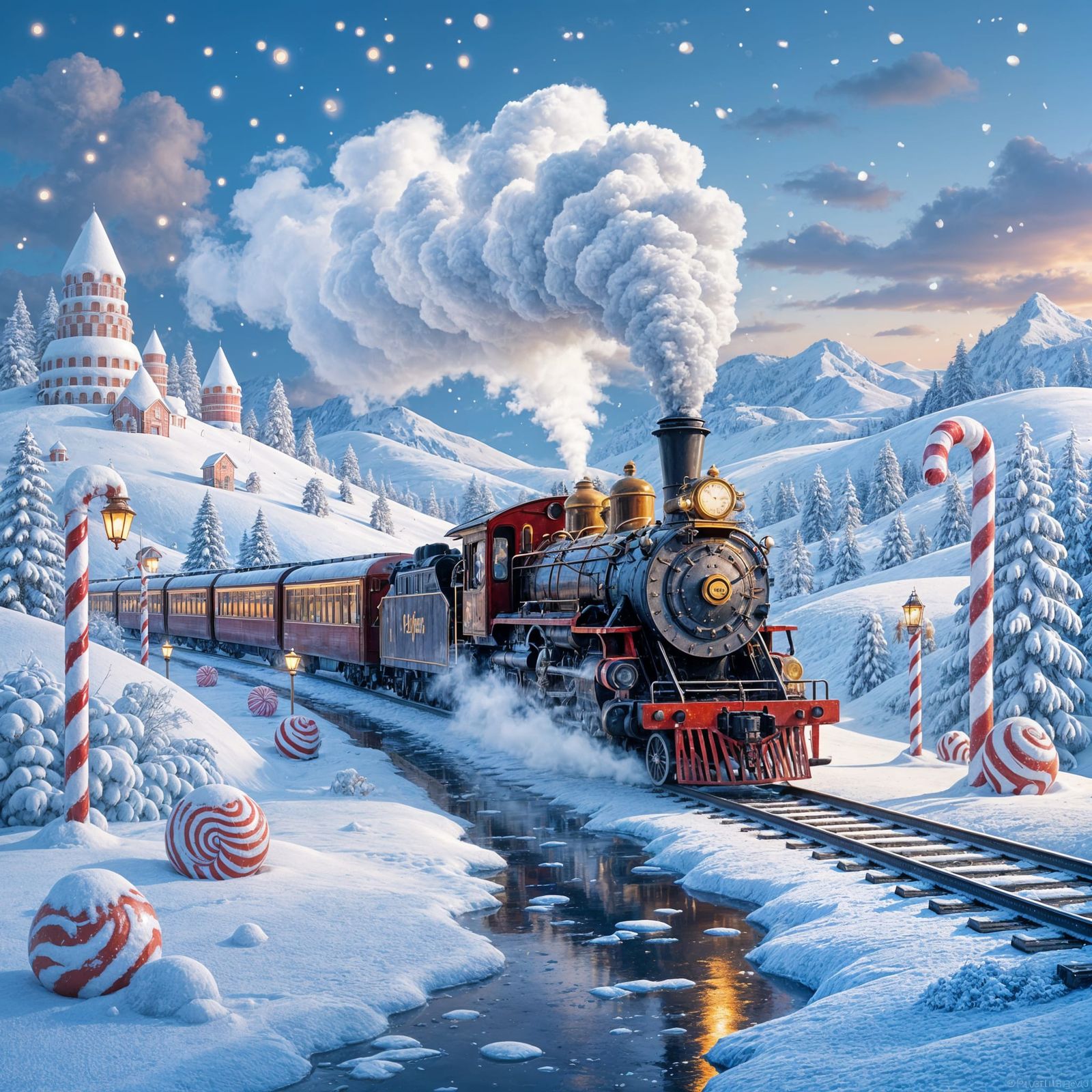 Whimsical Winter Candyland Steam Train at Dusk