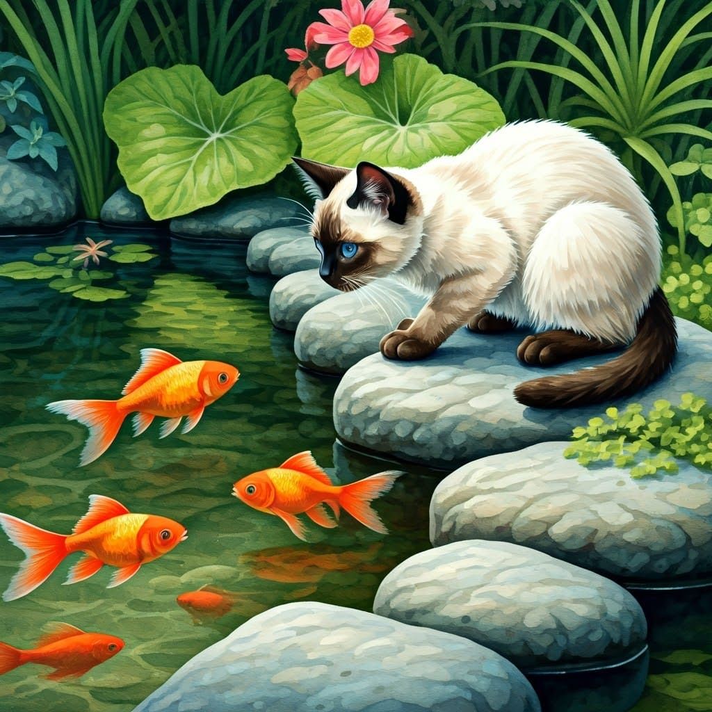 Watercolour Siamese Kitten Watches Goldfish at Pond's Edge