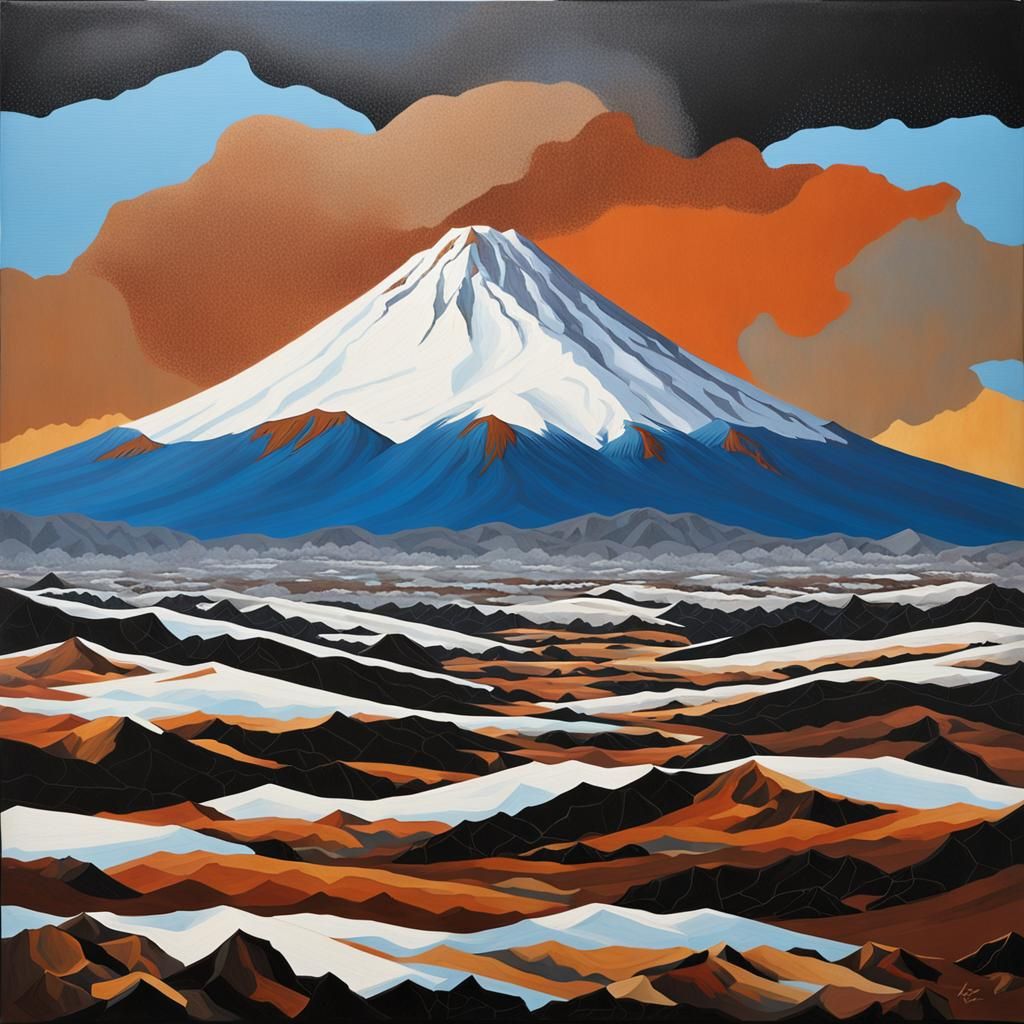Surreal Precisionist Volcano Painting in Blue and Sienna