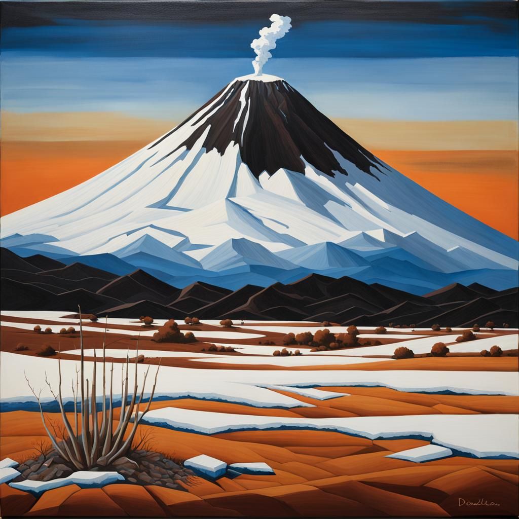 Snow Capped Volcano: Surreal Precisionist Painting