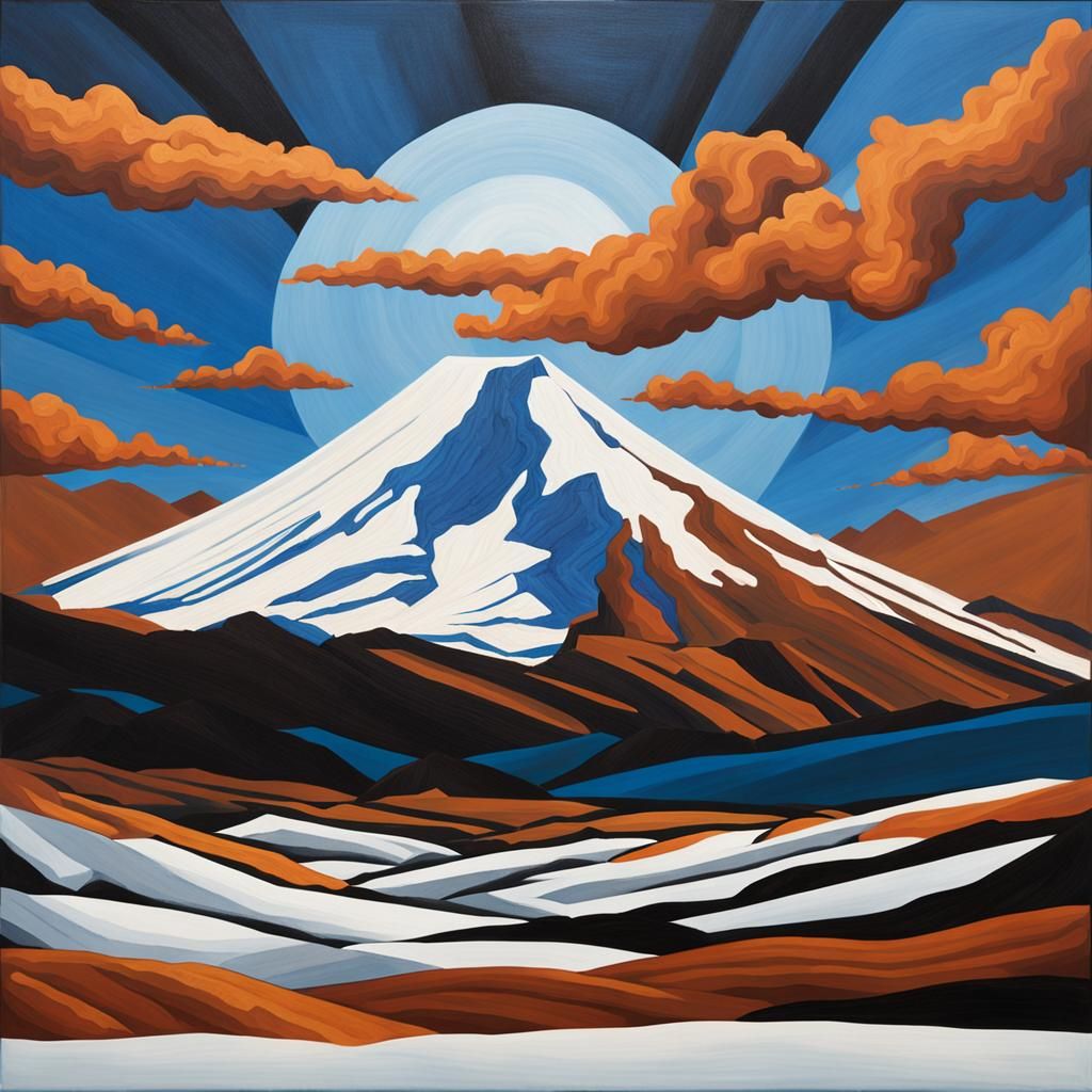 Snow Volcano in Surreal Precisionist Style