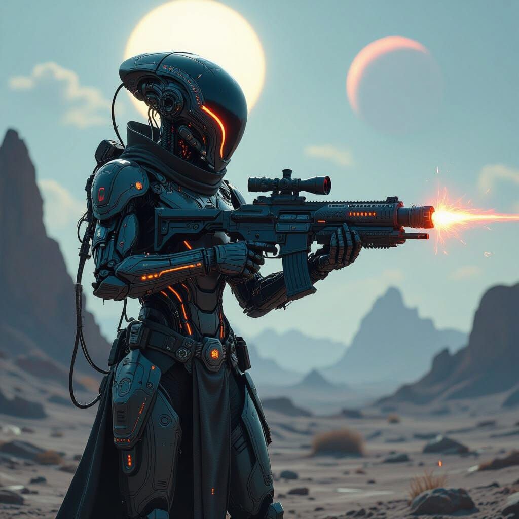 Cybernetic Alien Warrior with Plasma Artillery on Alien Plan...