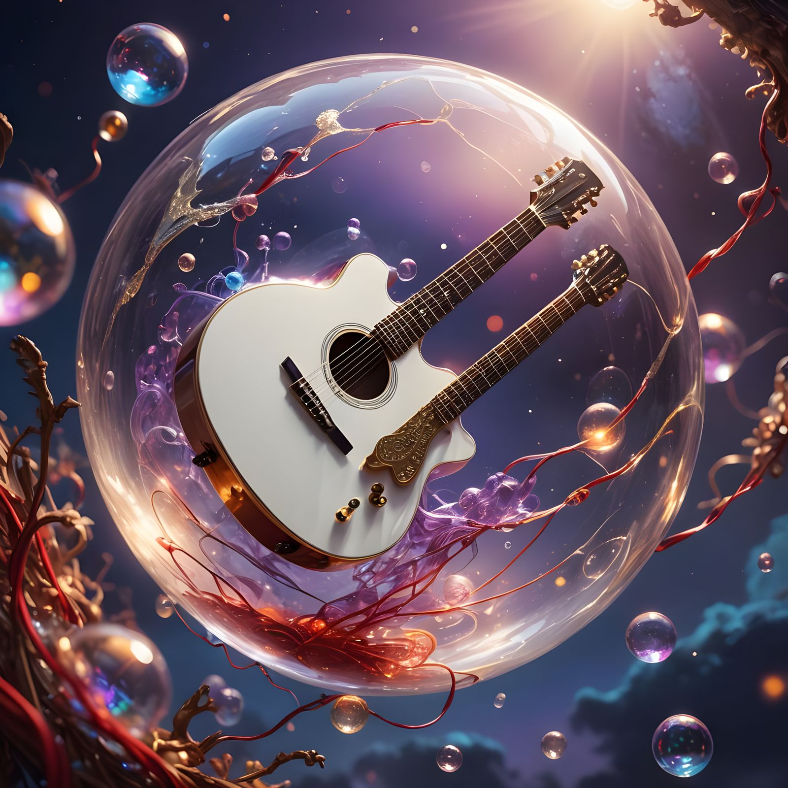 Square Guitar in Bubble: Fantastical Digital Art