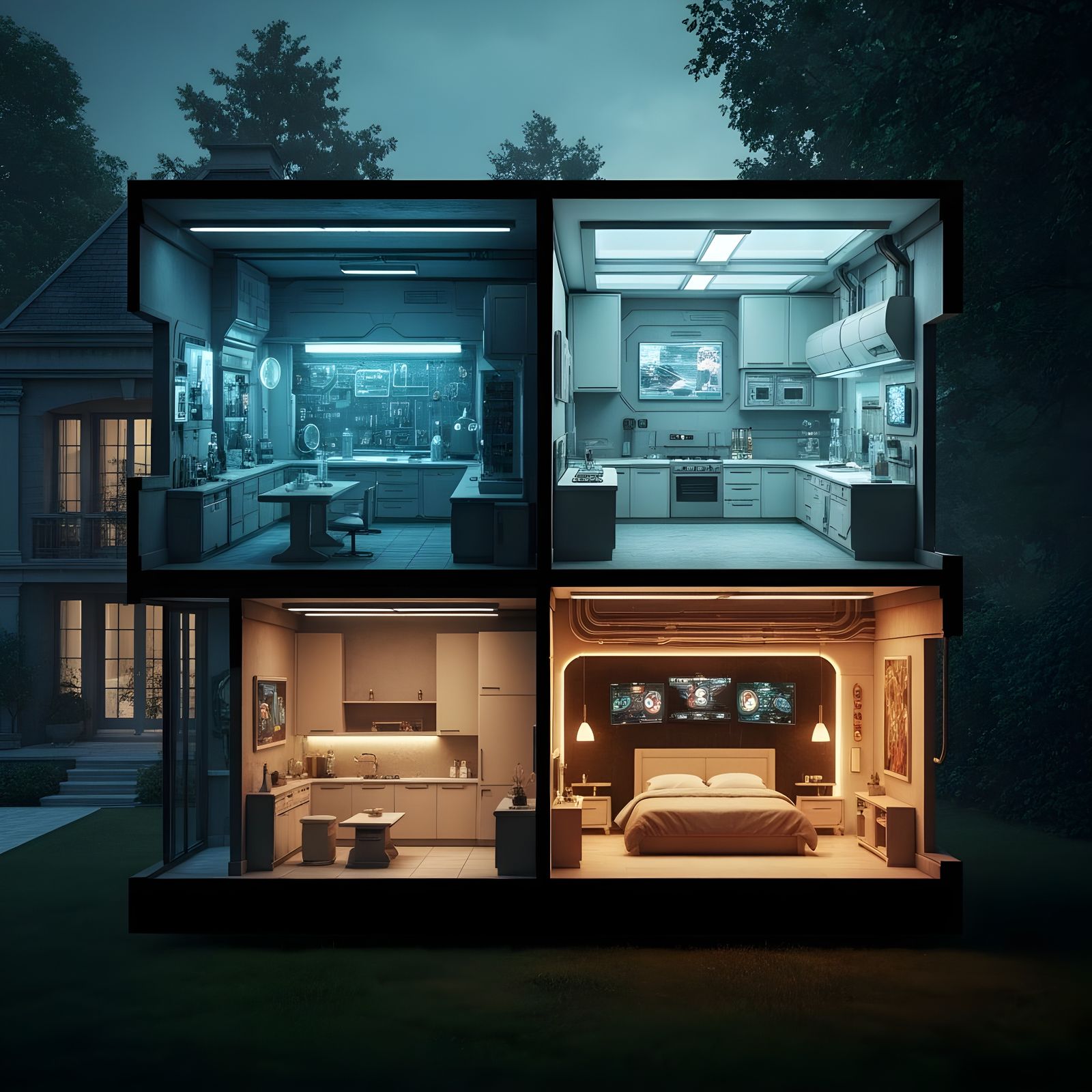 Futuristic Sci-Fi Villa Cross-Section with High-Tech Labs