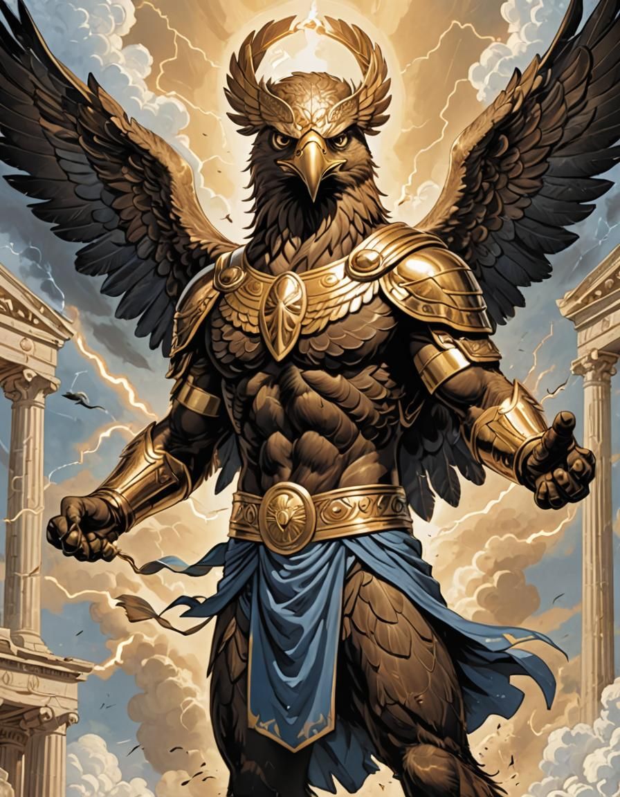 Zeus, anthropomorphized as his associated animal, the golden...