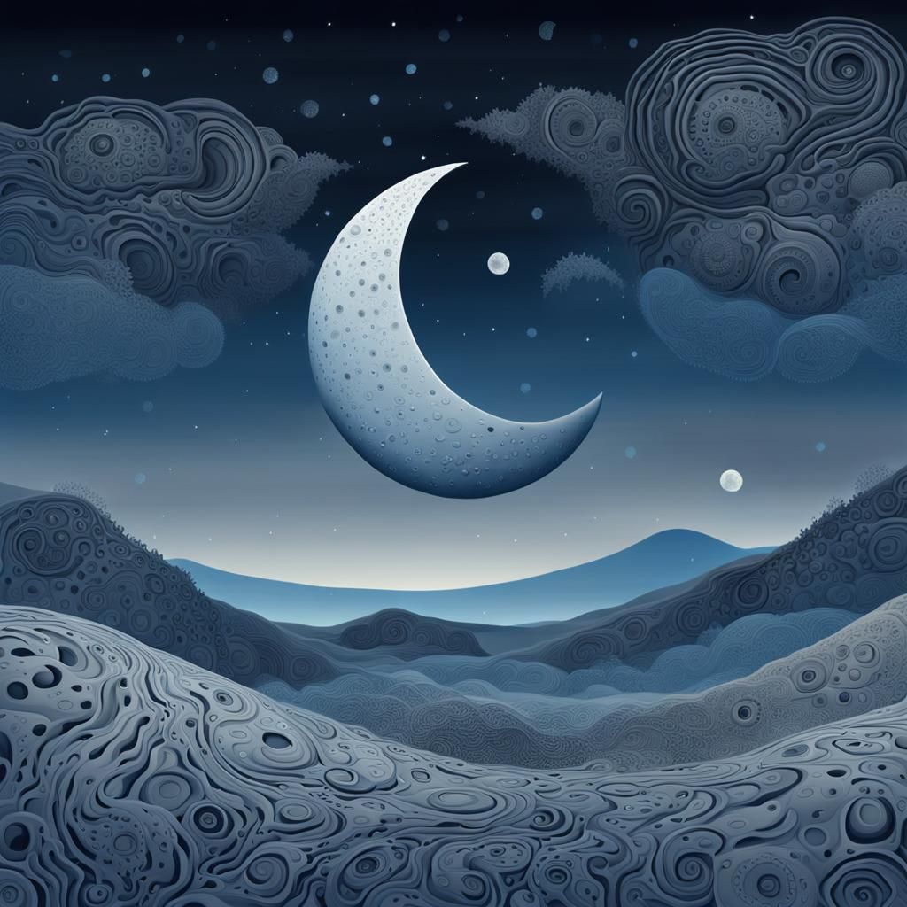 Stylized Crescent Moon Over Night Landscape in Abstract Styl...