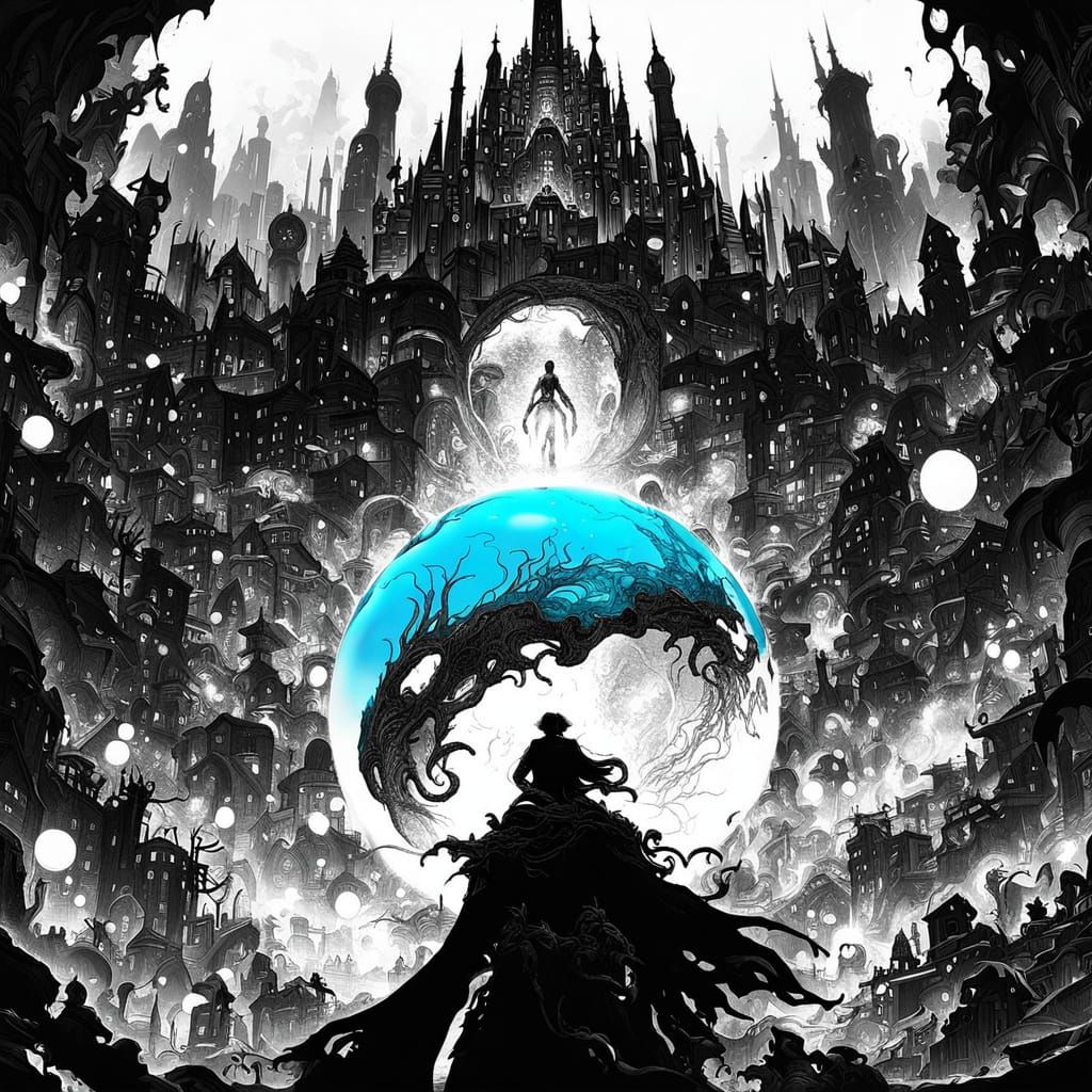 Creature in Floating Bubble with Shimmering City