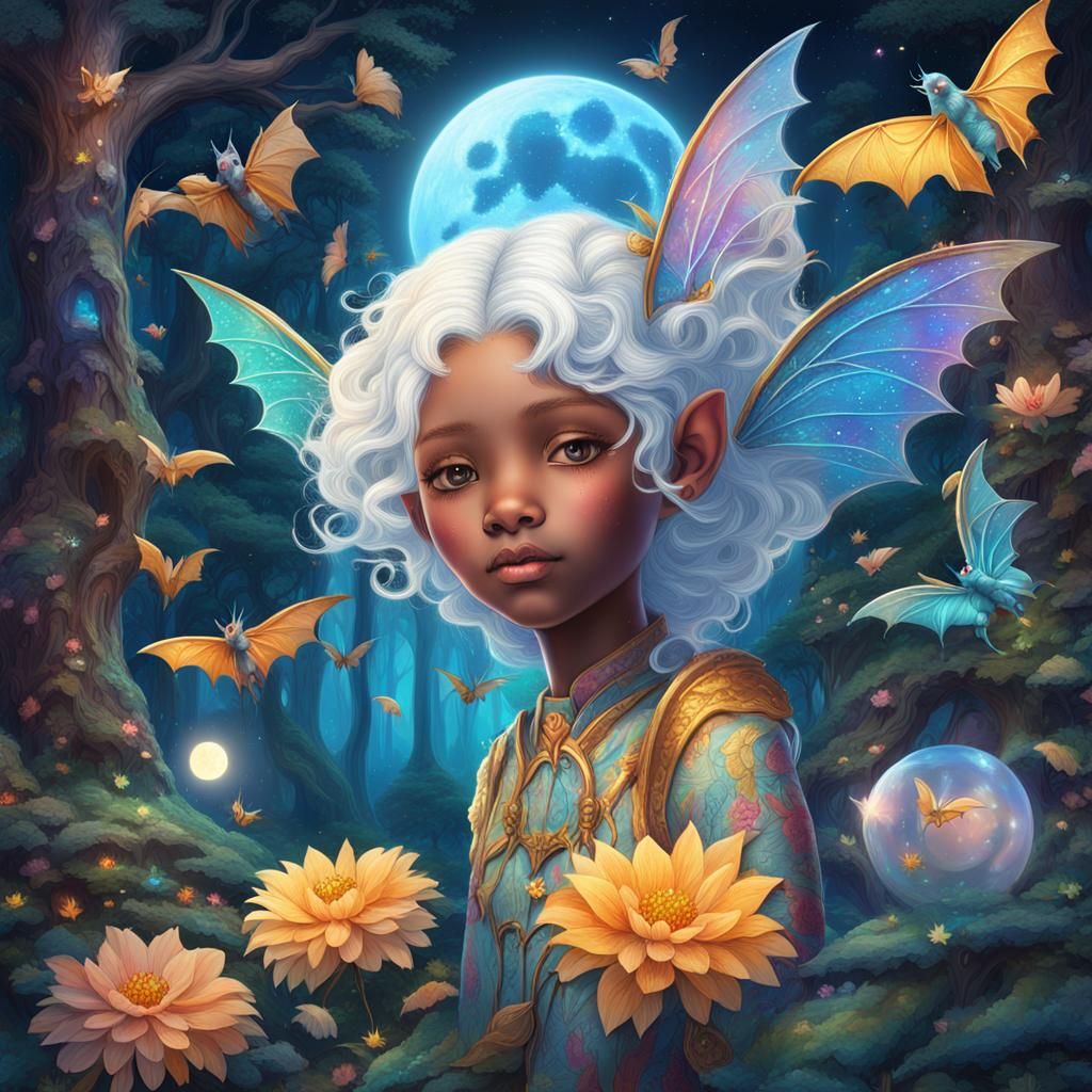 Water Fairy with Bat in Colorful Forest: Astral Illustration