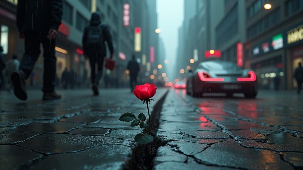 A city street with cars driving into the distance. on the sidewalk litter and grime the people dressed in dark clothes. ...