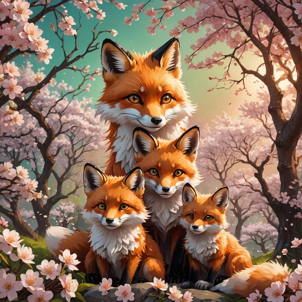 Anime Fox Family in Cherry Blossom Garden
