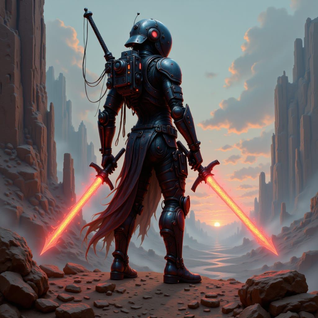 Cyberpunk Samurai Warrior in Post-Apocalyptic Wasteland