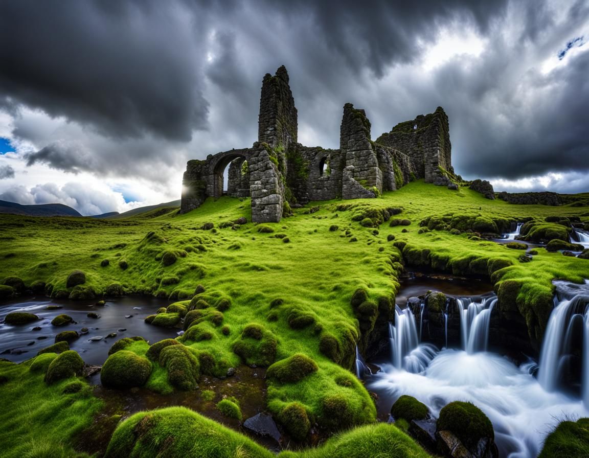 Scottish Highlands Waterfall Under Cloudy Blue Sky