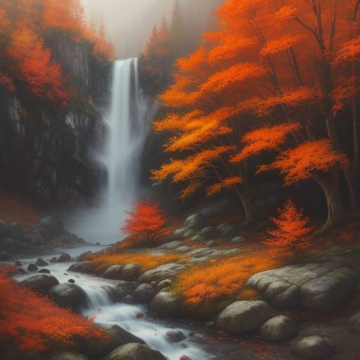 Traveler Sketches Autumn Cascade in Painterly Oil Style