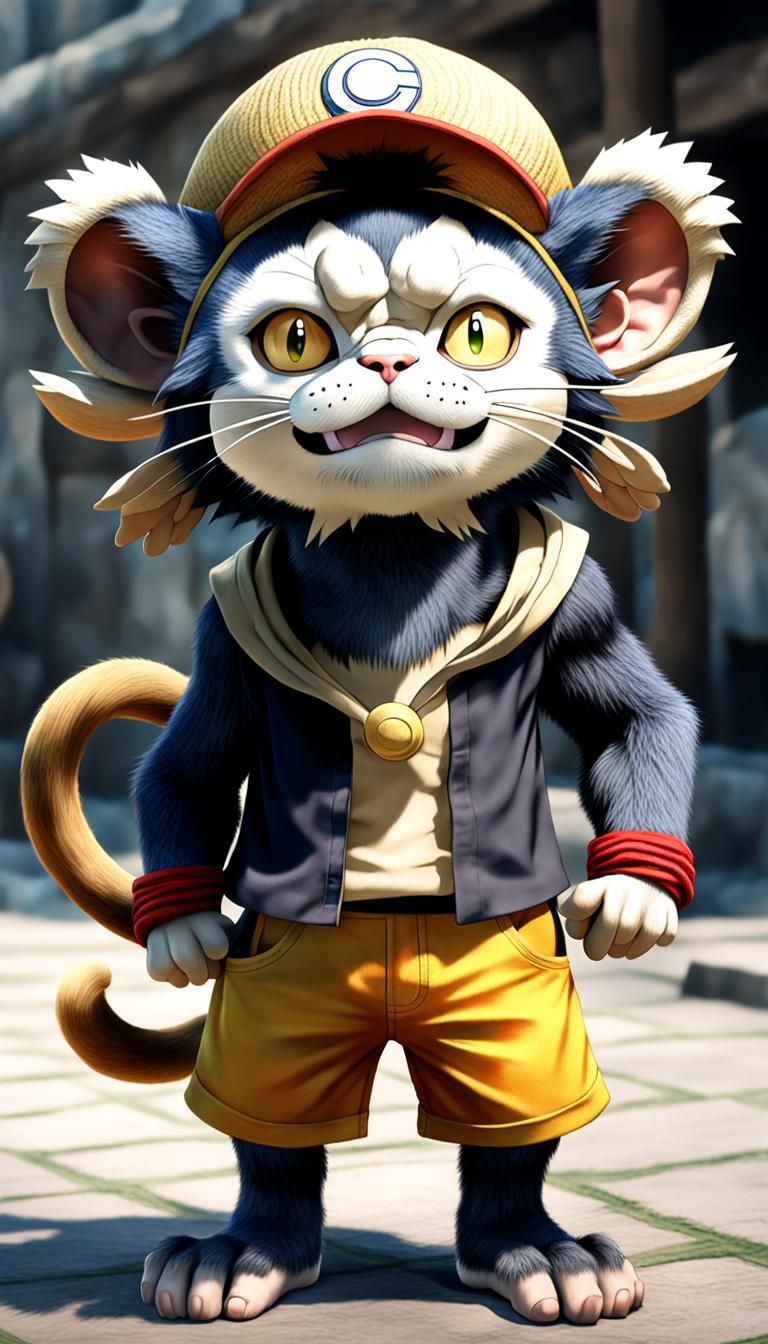 Meowth as Monkey D. Luffy in Hyperrealistic 8K
